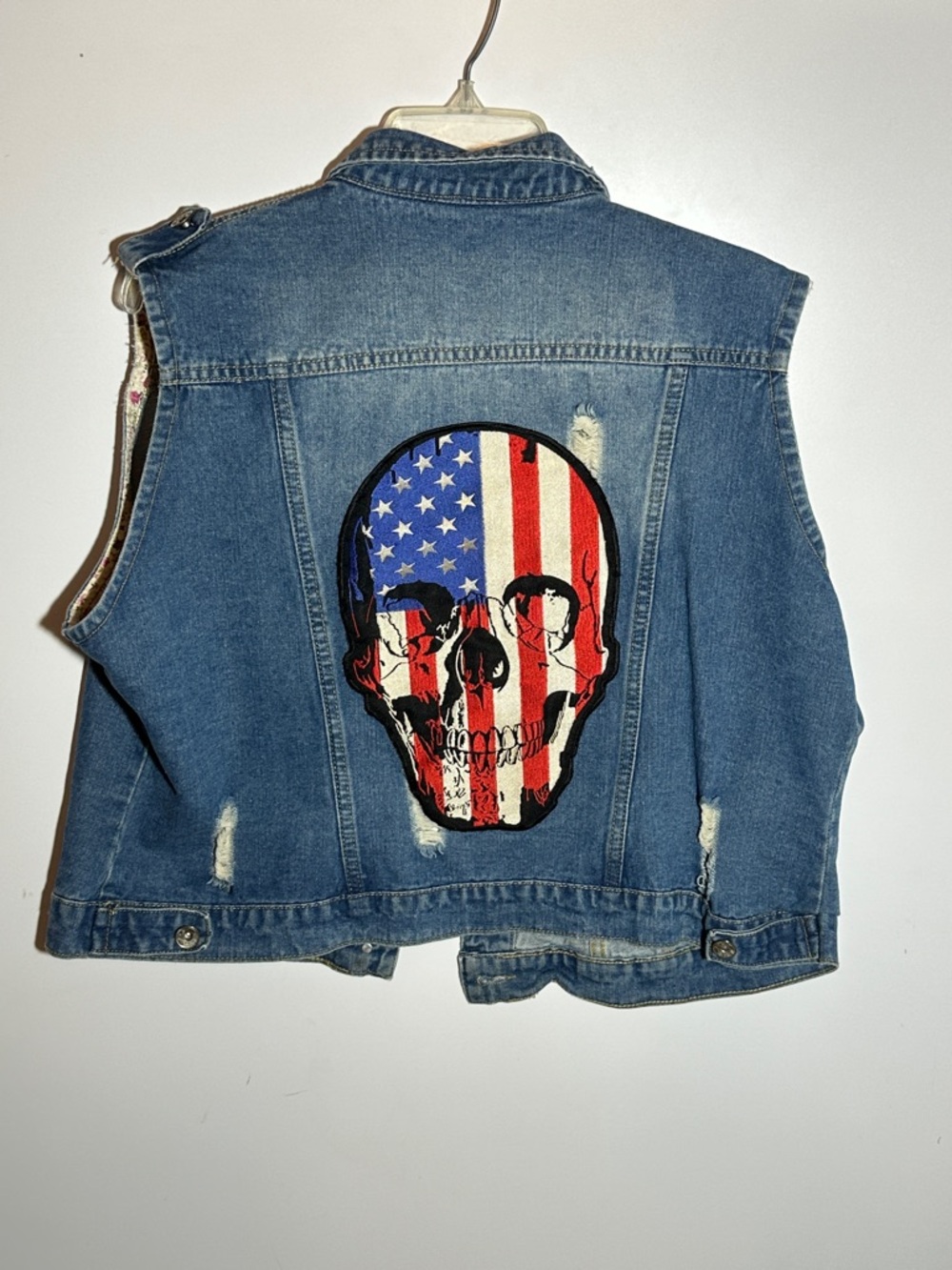 Denim Vest with American Flag Skull Patch